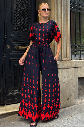 bacc Red Crew Neck Patterned Blouse and Pants Set Bcvl-254002