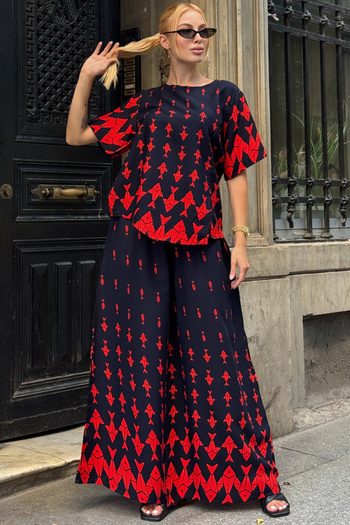 bacc Red Crew Neck Patterned Blouse and Pants Set Bcvl-254002