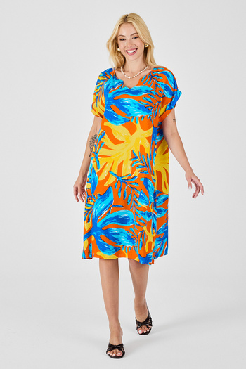 bacc Rochie cu decolteu în V, cu model tropical albastru-galben, cu o formă lejeră BCVL-254020