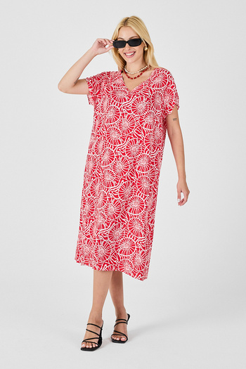 bacc Red Deep V-Neck Short Sleeve Stripe Pattern Midi Length Dress Bcvl-254004