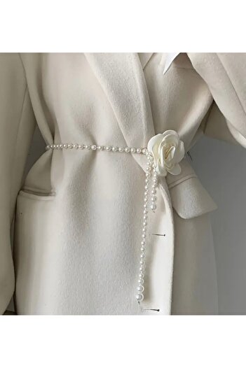 MUJGANERDOGANDESIGN Women's Pearl Belt/Rose Detail Belt Coat Belt Dress Belt