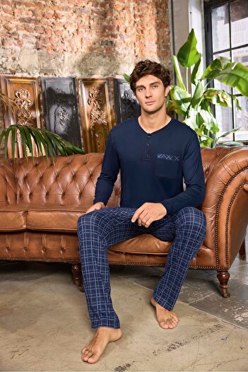 Aydoğan Lodos Store Men's Long Sleeve Placket Thermal Pajamas Set Plaid Pattern