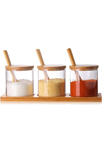 erorex 3 Pcs Stylish Simple Condiment Canisters Pots Set, Decorative Storage Seasoning Glass Container Box