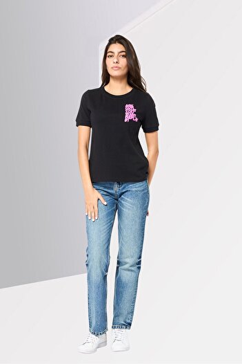 Replay Women Crew Neck Short Sleeves Graphic Print T-Shirt, Black