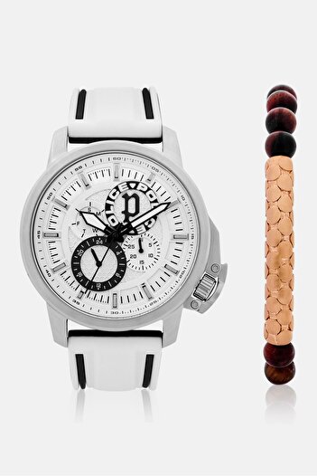 Police Men PEWJQ0005105 Silicone Analog Watch 44 mm With Pearl Bracelet, White