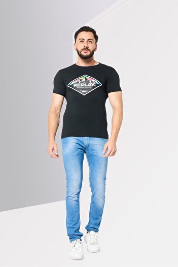 Replay Men Crew Neck Short Sleeves Brand Logo T-Shirt, Black