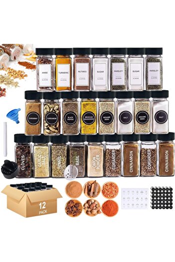 erorex Modern Minimalist Spice Jar Set, 12 Black Seal Lid Glass Jars Funnel, 120Ml Each, 19.5Cm X 4.5Cm X
