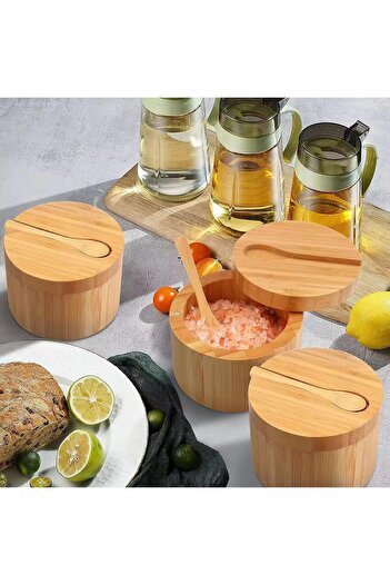 erorex 2 Pcs Bamboo Salt Cellar Spice Box Magnetic Swivel Lid & Spoon, Bamboo Storage Box Salt Container