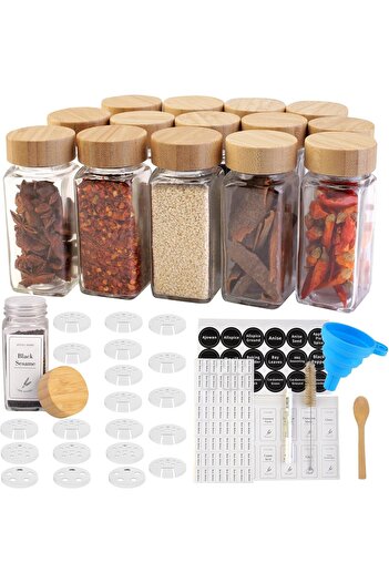 erorex 14 Glass Spice Jars Bamboo Airtight Lids 5 Types Spice Labels 4Oz Empty Square Spice Bottles Shaker
