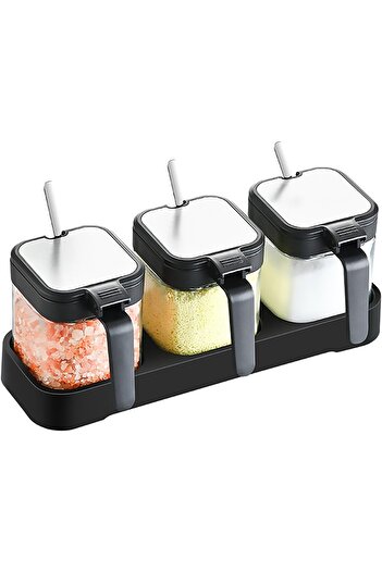 erorex Seasoning Box, 3Pack 10Oz Clear Glass Condiment Jars Lids Spoons, Pots Seasoning Box Salt Container