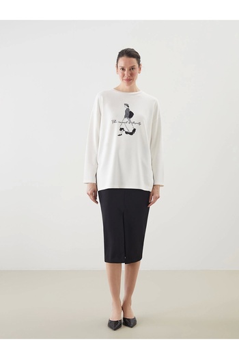LC Waikiki Lcwaikiki Classic Ecru Crew Neck Printed Oversize Women's Sweatshirt Tunic