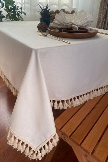 zarafet concept Dak Linen (Water-Repellent Feature) Tasseled Tablecloth, Multi-Purpose Cover