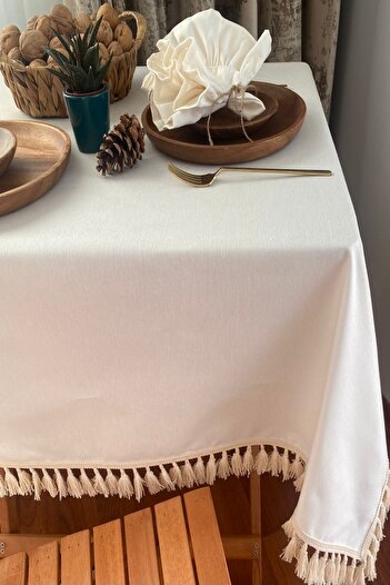 zarafet concept Dak Linen (Water-Repellent Feature) Tasseled Tablecloth, Multi-Purpose Cover