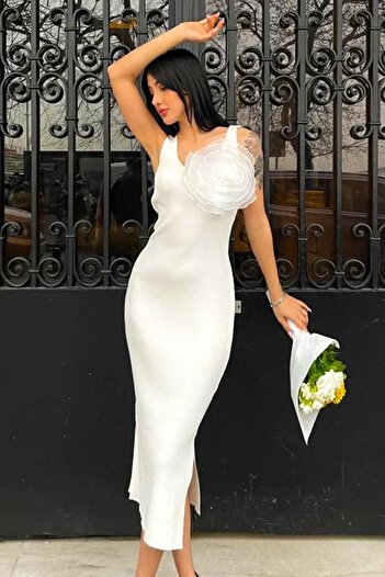 Welike Rochie dama tricot BigFlower alb