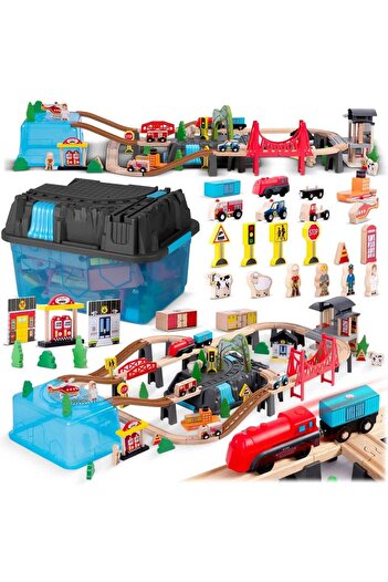 Ricokids Interactive train set, made of wood, with locomotive, wagon and other vehicles, set of human figures...