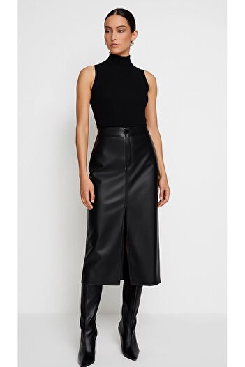 Grenj Fashion Fusta maxi cu talie înaltă din piele artificială neagră cu fante