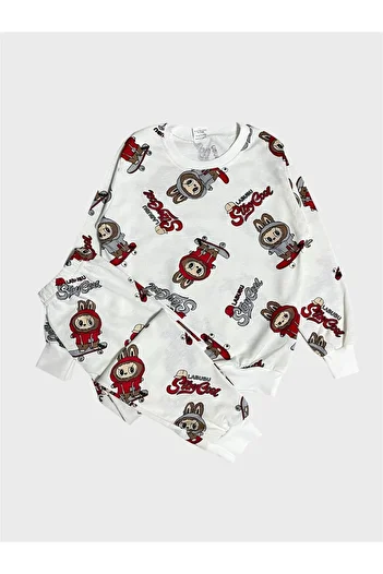 ALİŞ KİDS Set de pijamale sezoniere cu mâneci lungi din bumbac alb cu model Labubu pentru băieți