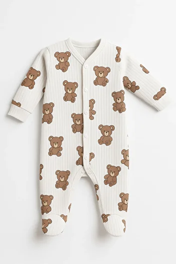 mini mia Teddy Bear Patterned Fabric Baby Romper – Soft and Comfortable