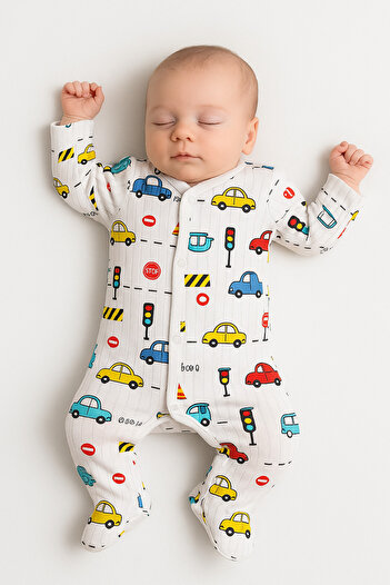 mini mia Fabric Baby Romper with Car Pattern Report 1-3-6 Months