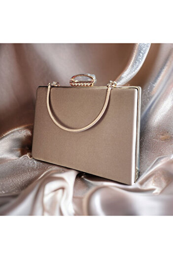 Telli Art Evening Dress Bag - Gold Beige, Gold Detailed, with Chain, 15×22 cm