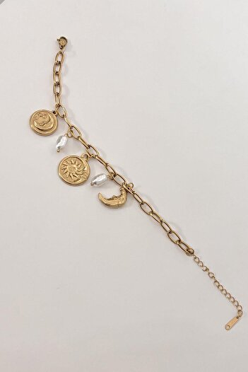 New Obsessions 316L Steel Gold Color Women's Bracelet with Sun, Moon and Coin Figures and Pearl Detail