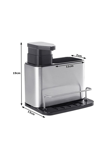 zola 3 in 1 kitchen dispenser liquid detergent, 340 ml, brush + sponge space, stainless steel/plastic, 19x18x13 cm