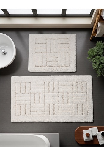 Hülya Home Cyraa Cotton Bath Mat Set (60X100)(50X60)White+