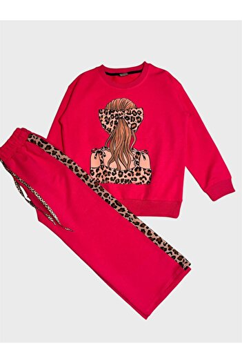 tusem butik homewear Σετ φόρμας για κορίτσια από βαμβακερό ροζ λεοπάρ με μακρυμάνικο μοτίβο με αγκράφα