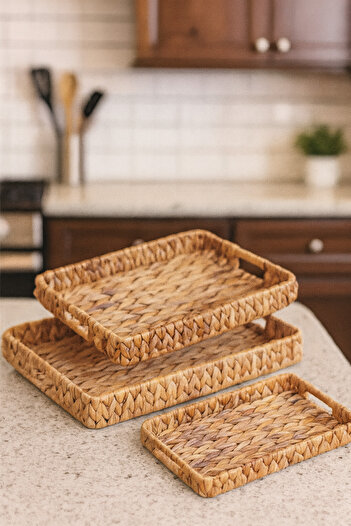 Çavdar Group 3-Piece Water Hyacinth Rectangular Tray 3 Pieces Hand Knitted Wicker Tray Organizer
