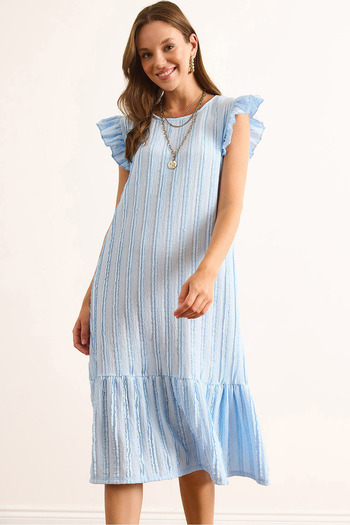 Olalook Rochie midi cu textura cu volane pentru femei, albastru bebelusi, cu maneca ELB-19002364