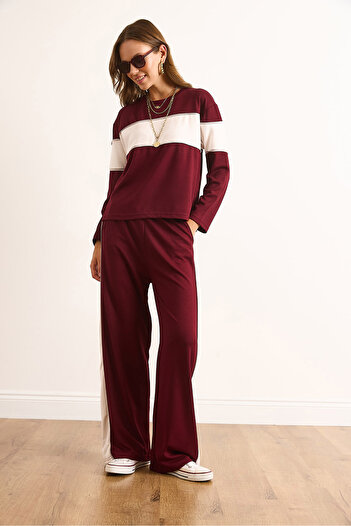 Olalook Women's Burgundy Modal Color Block Tracksuit Set Etkm-0000084