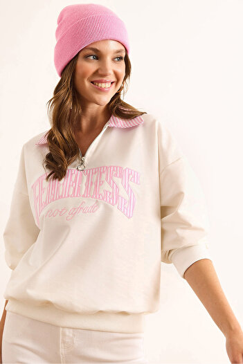 Olalook Women's White Pink Shirt Collar Stripe Garnished Oversize Sweatshirt Swt-19000726