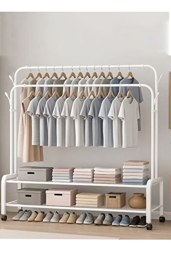 Cady One Metal Clothes Hanger Organizer and White Clothes Rack with Wheels 110x55x150 cm