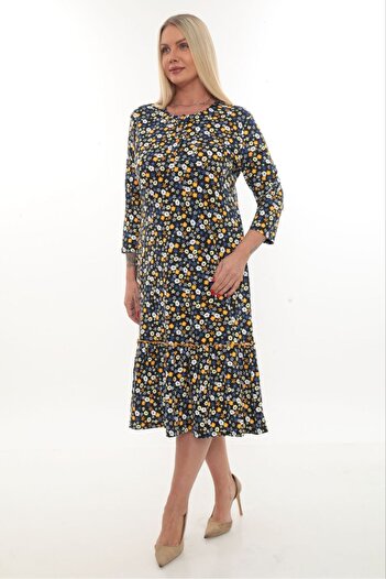STELLETO Plus Size Three-Quarter Sleeve Floral Print Cotton Dress with Button and Pocket Detail