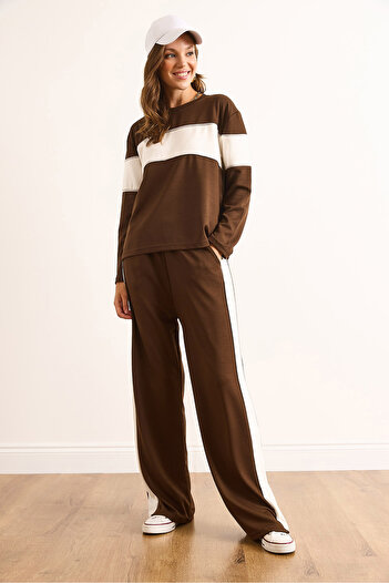 Olalook Women's Brown Modal Color Block Tracksuit Set Etkm-0000084