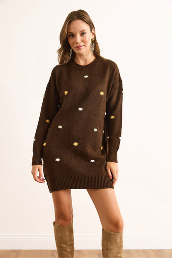 Olalook Women's Brown Color Pompom Soft Textured Tunic Dress Elb-19001979
