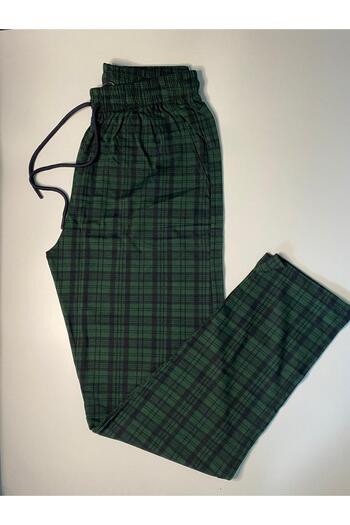 DÜVEN Plaid Patterned Green Unisex Cotton Pajama Bottoms with Pockets