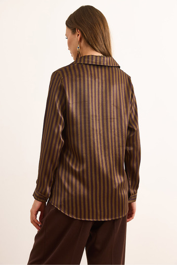 Olalook Women's Plum Gold Striped Satin Flowy Shirt Gml-19001388