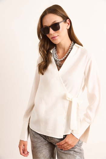 Olalook Women's Ecru Shirt Detailed Side Tie Woven Modal Blouse Blz-19003092