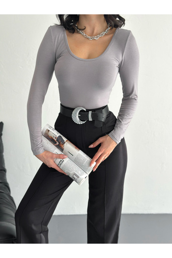 ladyzey Women's Gray U-Neck Long Sleeve Blouse