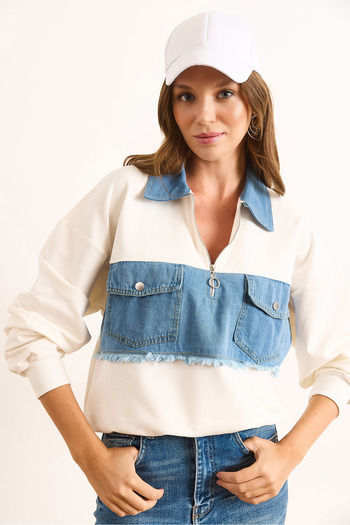 Olalook Women's White Denim Garnished Pocket Zippered Sweatshirt Swt-19000728