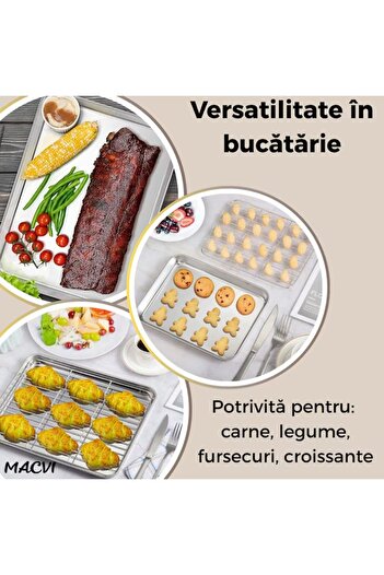 MACVI Macvi® stainless steel baking tray with grill 28x23.5x2.5cm multifunctional for oven and grill
