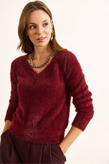 Olalook Women's Burgundy V-Neck Beard Knitwear Sweater Kzk-19000978