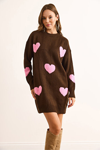 Olalook Women's Brown Heart Detailed Soft Textured Knitwear Tunic Dress Elb-19002284