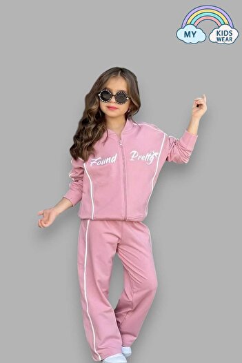 My Kids Wear Girl's Written Powder School Tracksuit Set Zippered Sports Suit Age 5-14 12035
