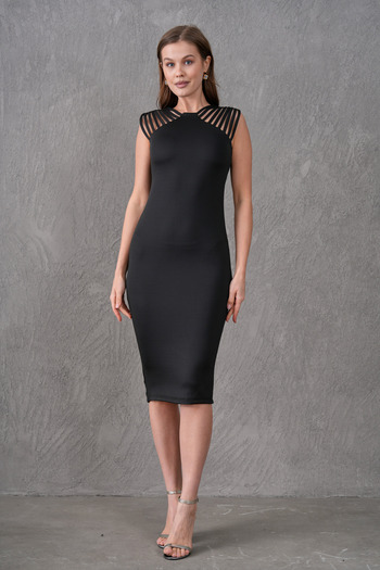 vuvutasarım Women's Black Flexible Scuba Fabric Piping and Slit Design Pencil Cut Midi Evening Dress 2387