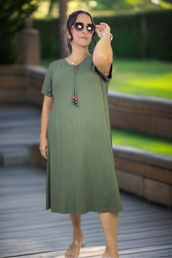 yagmurberen Fullly Flexible Lycra Cotton Fabric Short Sleeve V-Neck Cotton Viscose Plus Size Dress with Bead Detail