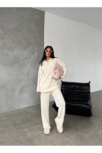Lusin Women's Ecru Relaxed Fit Zippered Oversize Bottom and Top Double Knitwear Set