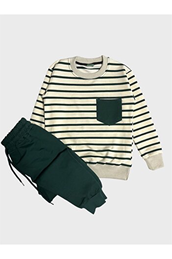 ALİŞ KİDS Boy's 100% Cotton Cream Color Green Striped Long Sleeve Tracksuit Set