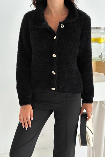 FEMELLE Black Bearded Knitwear Cardigan Soft Textured - Gold Button Detail Standard Size